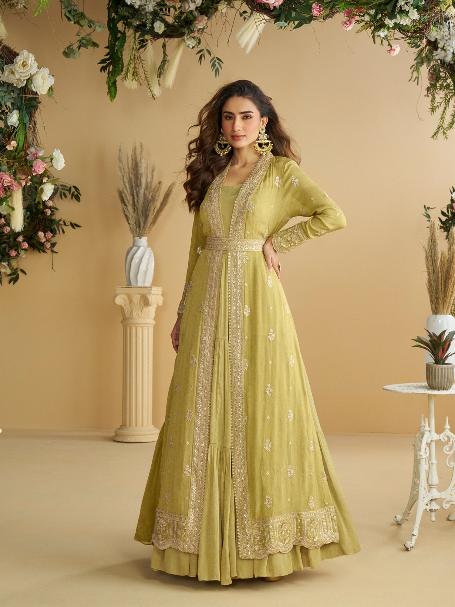 JATRIQQ Green Chinon Silk with Embroidered Work Gown with Shrug and Belt