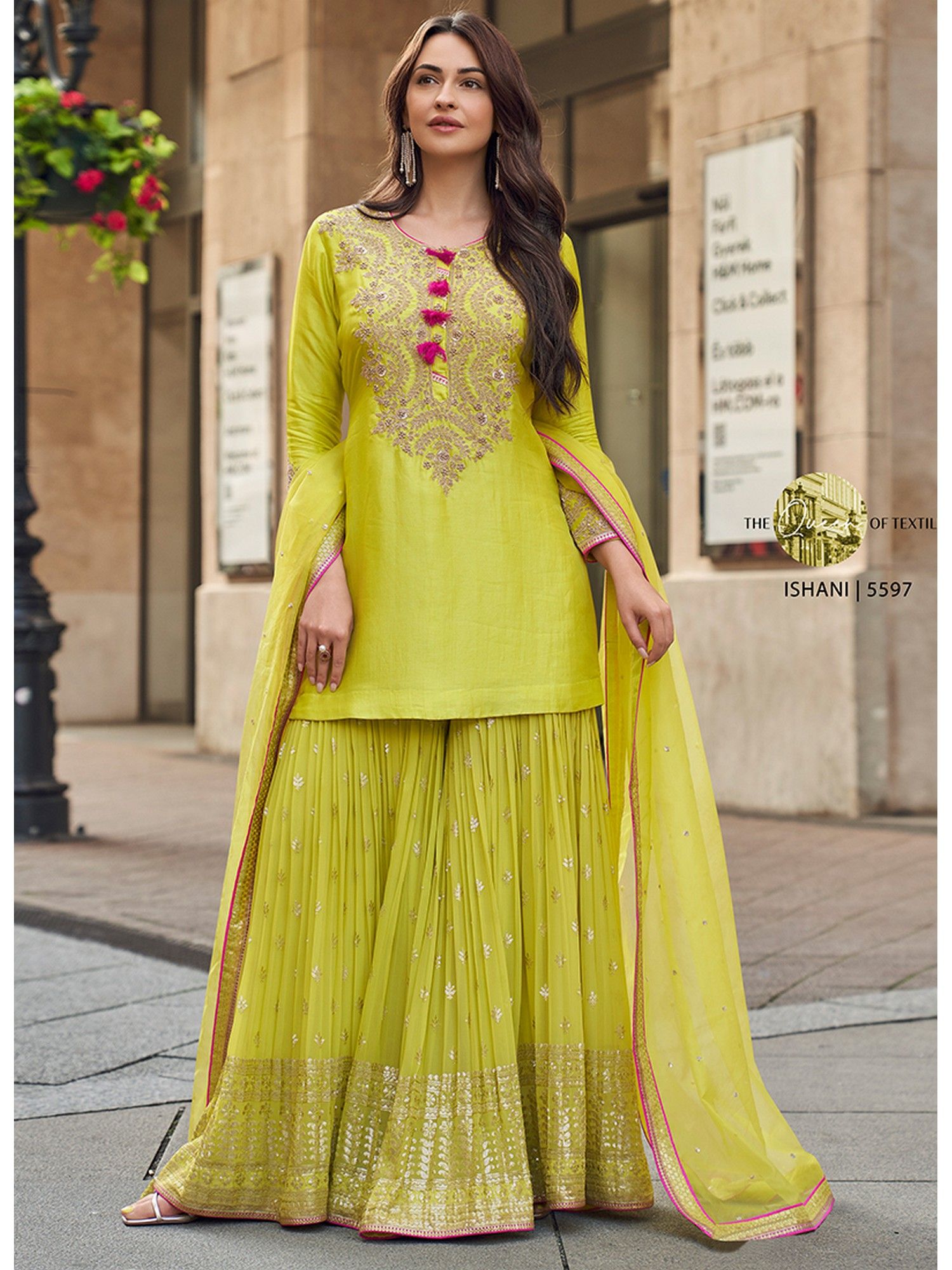 JATRIQQ Green Embroidered Sequence Work Kurta With Palazzo And Dupatta
