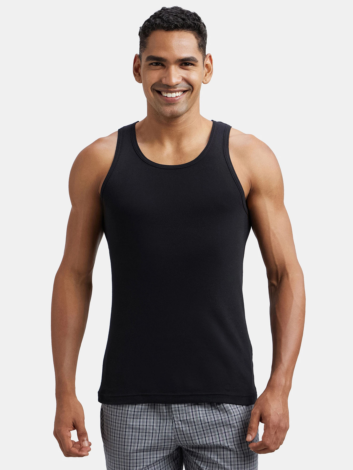 Jockey FP04 Men Super Combed Cotton Rib Round Neck Sleeveless Vest-Black & Neon Blue