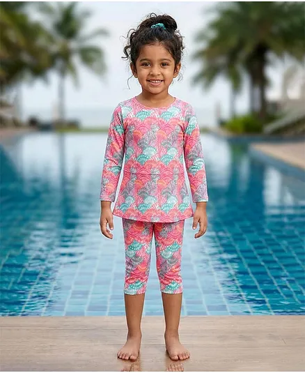 Kaboosh Full Sleeves Shell Printed Swim Dress With Jammer - Coral & Pink