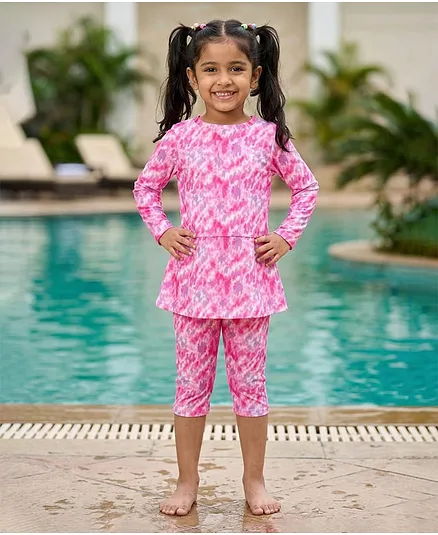 Kaboosh Full Sleeves Tie & Dye Swim Dress With Jammer - Pink & Lavender