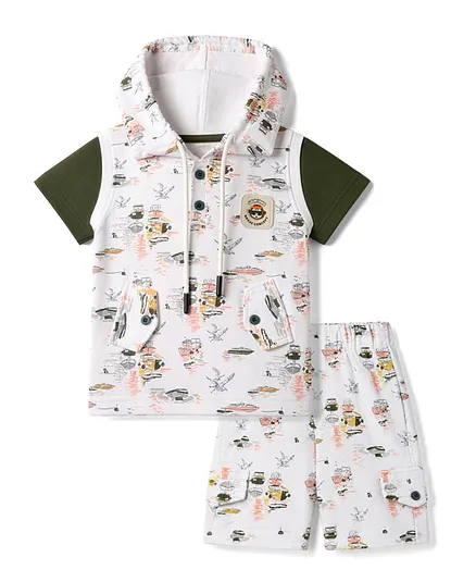 Kids Magic Cotton Knit Half Sleeves Hooded T-Shirt & Shorts Set With Boat Print - White