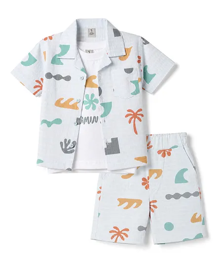 Kids Magic Cotton Knit Half Sleeves Printed Shirt & Shorts Set With T-Shirt - White