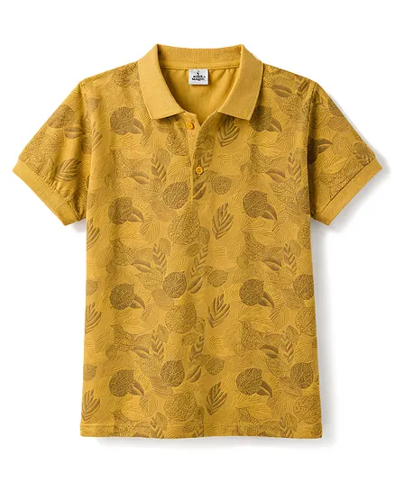 Kids Magic Cotton Knit T-Shirt Half Sleeves Polo Neck All Over Leafy Printed Yellow 6-8 Years