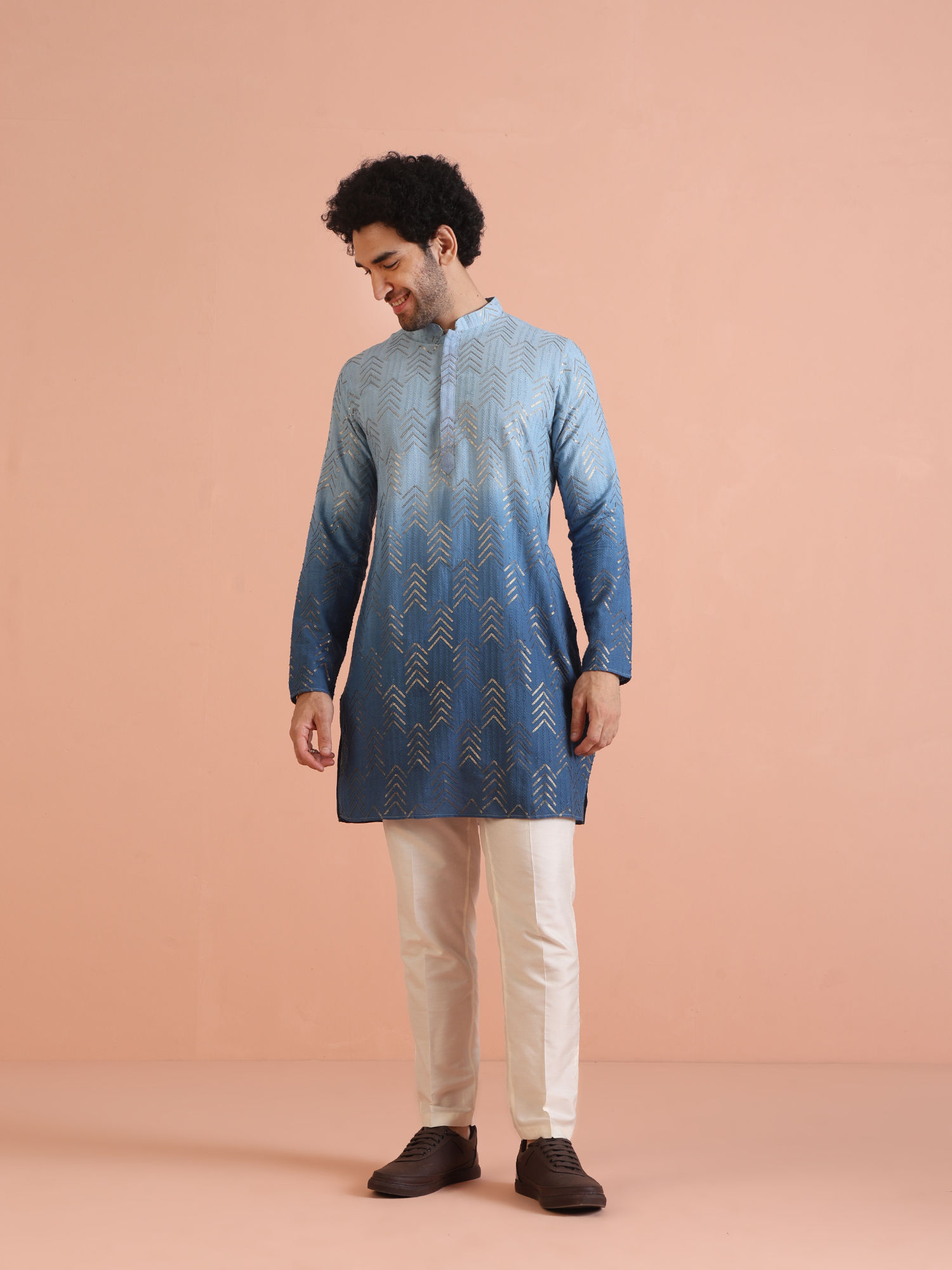 KISAH Mens Blue Embroidered Kurta with Pant (Set of 2)