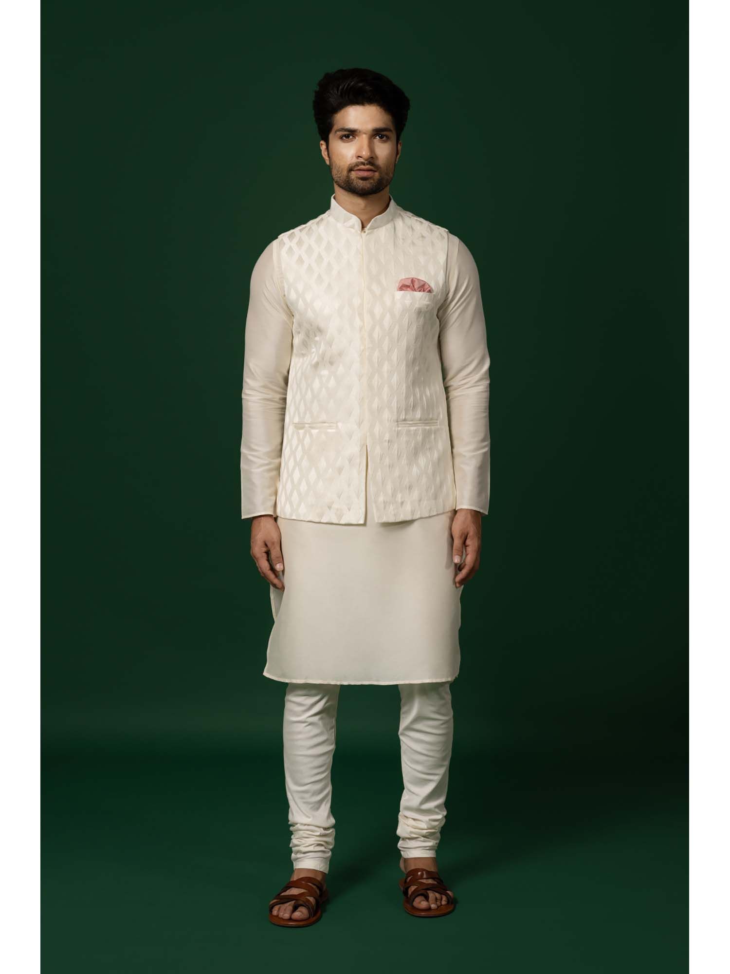KISAH White Silk Blend Textured Jacket with Kurta and Churidar