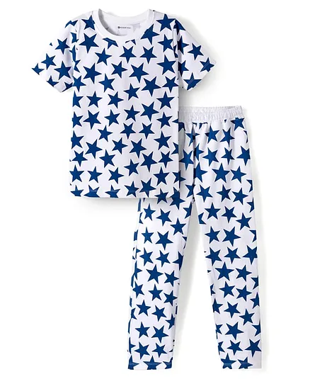 Kookie Kids 100% Cotton Knit Half Sleeves Star Printed Co-Ords T-Shirt & Pyjama Night Suit - White