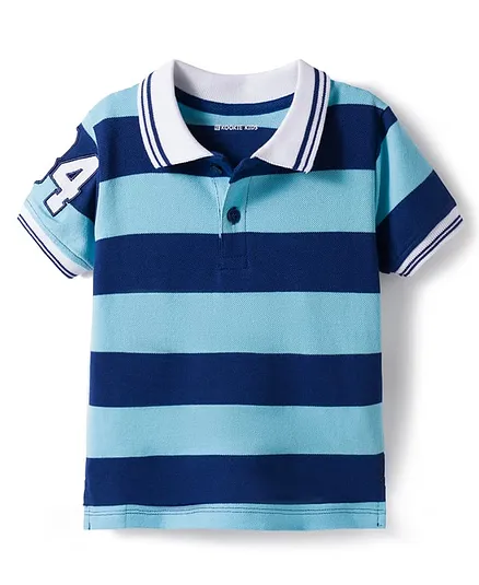 Kookie Kids 100% Cotton Knit Half Sleeves Striped Polo T-Shirt With Tipping & Embroidery Detailing - Light & Navy Blue