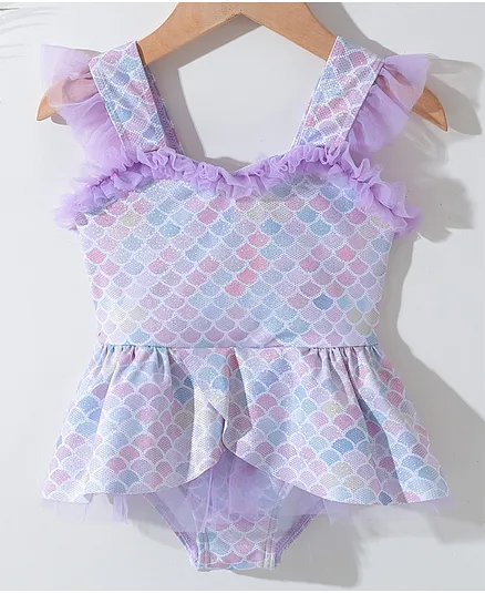 Kookie Kids Frill Sleeves Printed Frock Swimsuit  -  Purple