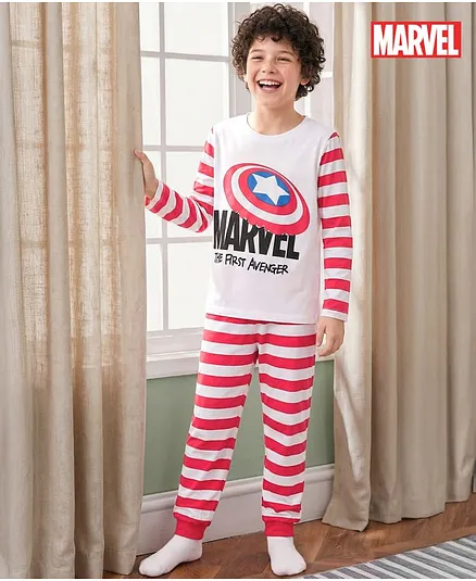 Kookie Kids Marvel Single Jersey Knit Full Sleeves Night Suit with Avengers Graphic - Red & White