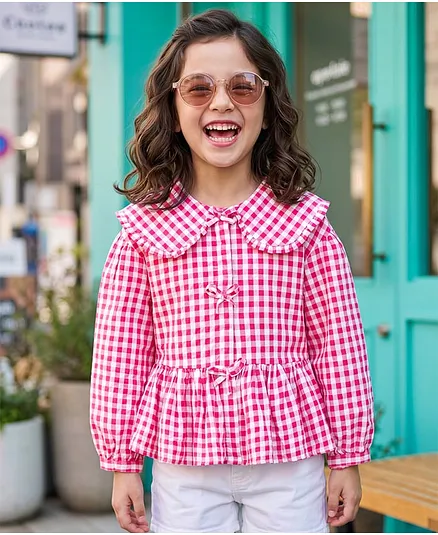 Kookie Kids Seer-Sucker Woven Full Sleeves Top With Checks - Pink