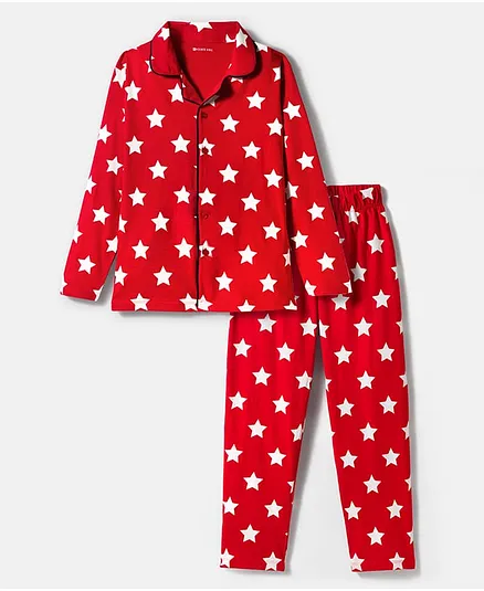Kookie Kids Single Jersey Knit Full Sleeves Star Printed Co-Ord Shirts & Pyjama Night Suit  - Red