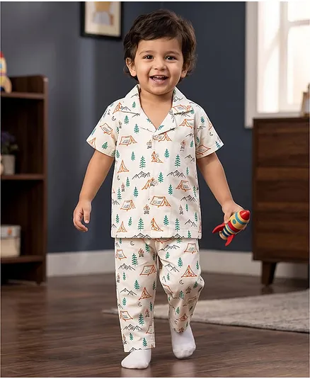 Kookie Kids Single Jersey Knit Half Sleeves Co-ords Night suit With Tropical Theme Print - White