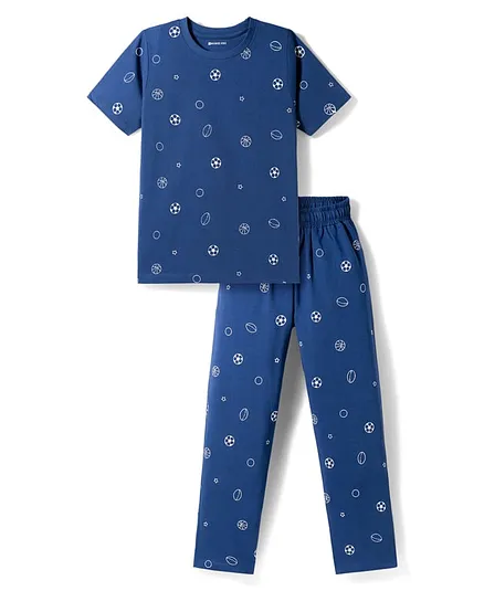Kookie Kids Single Jersey Knit Half Sleeves T-Shirt & Pyjama Co-ord Night Suit With Sports Print - Navy Blue