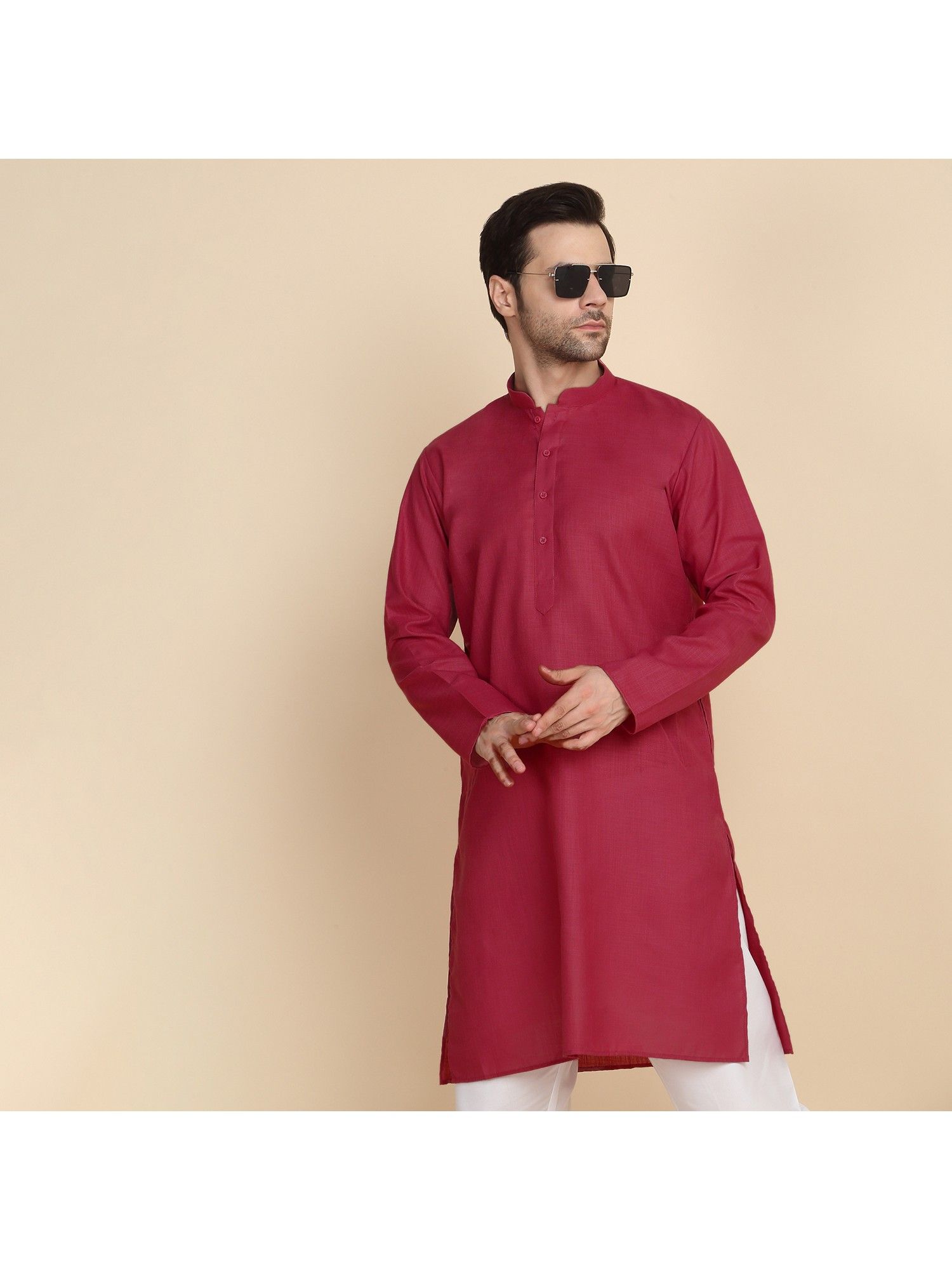 Kraft India Cotton Blend Solid Knee Length Red Kurta