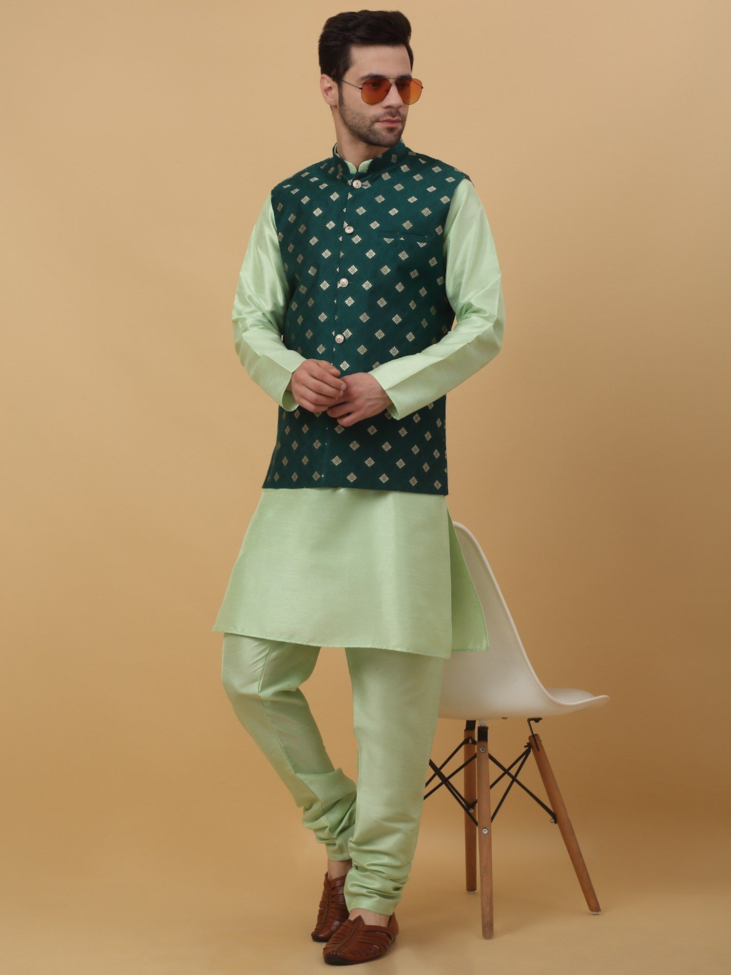 Kraft India Men Green Kurta & Churidar with Jacquard Green Nehru Jacket (Set of 3)