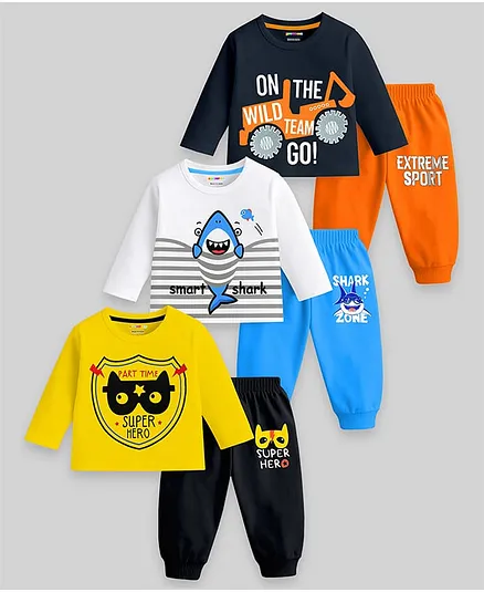 KUCHIPOO Cotton Blend Knit Pack Of 3 Animal & Vehicles Printed Tee & Joggers Sets - Multi Colour