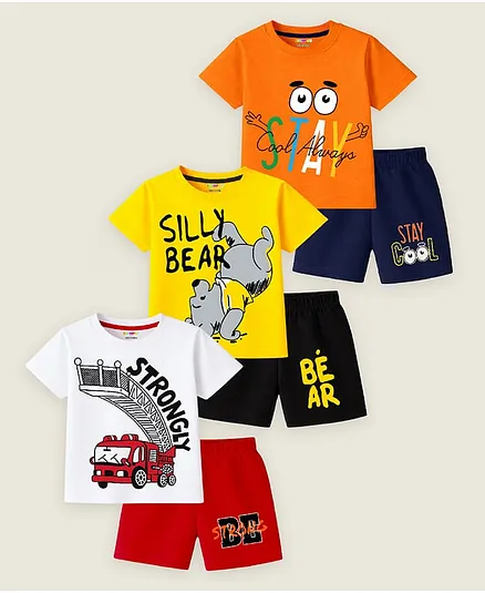 KUCHIPOO Cotton Blend Knit Pack Of 3 Disney Featuring Half Sleeves Winnie The Pooh & Fire Truck Printed Tee & Shorts Set - Orange Yellow White Navy Blue Red & Black