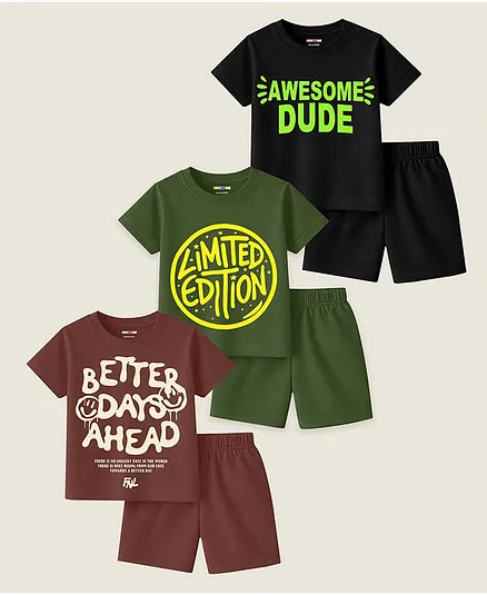 Kuchipoo Cotton Blend Knit Pack Of 3 Half Sleeves Limited Addition & Awesome Dude Text Printed Tees & Shorts Set - Back Green & Brown