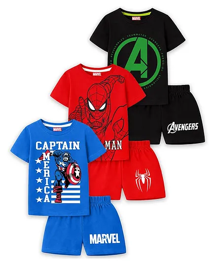 KUCHIPOO Cotton Blend Knit Pack Of 3 Marvel Avengers Featuring Half Sleeves Characters Printed Tee & Shorts Set - Black Red & Blue