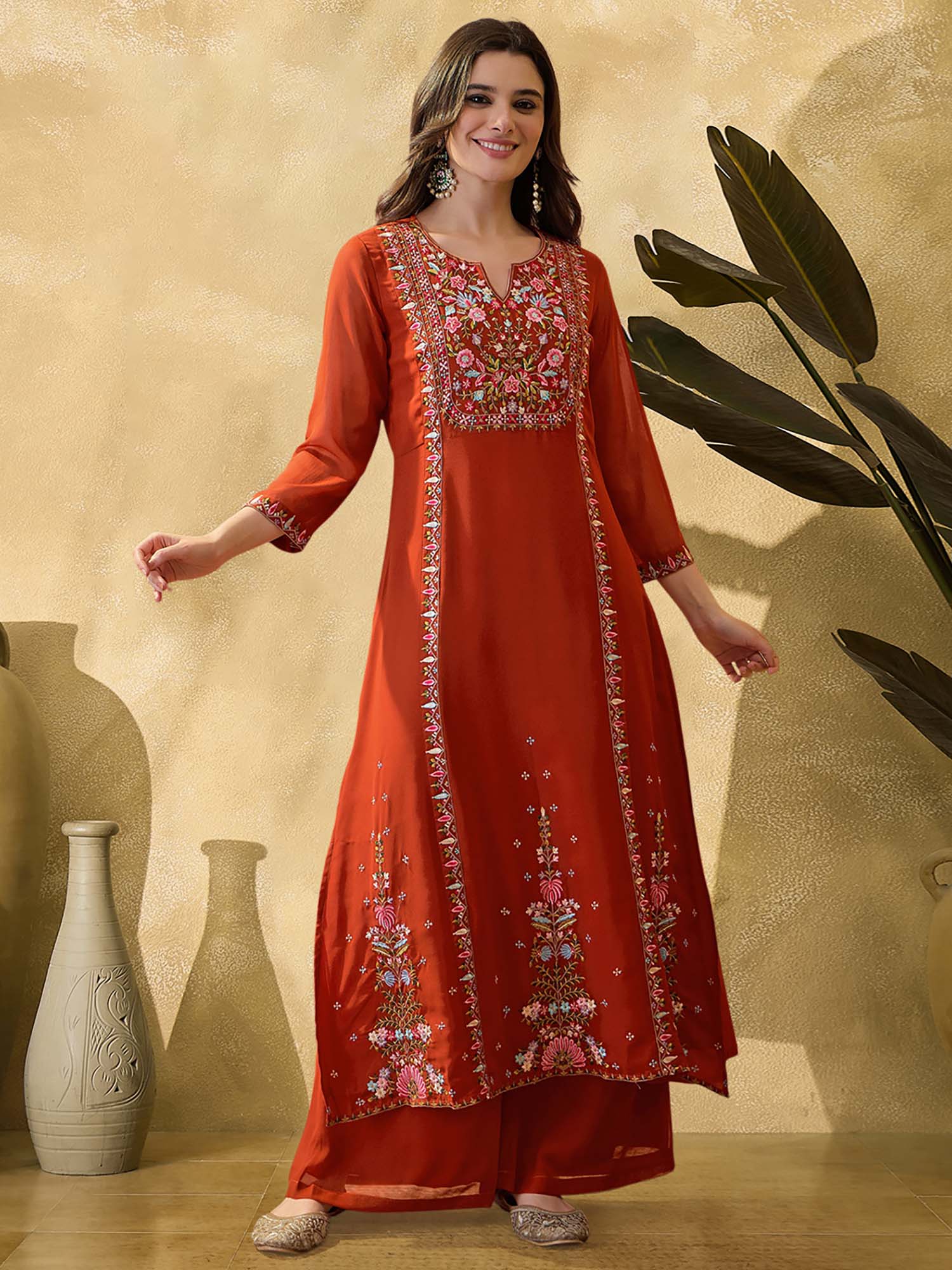 KVS FAB Women Orange Floral Embroidered Kurta with Palazzo and Dupatta