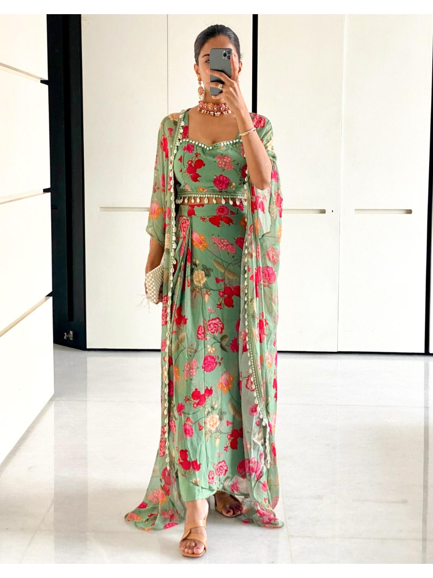 Label Kanupriya Green Georgette Crop Top & Draped Skirt Co-Ord (Set of 3)