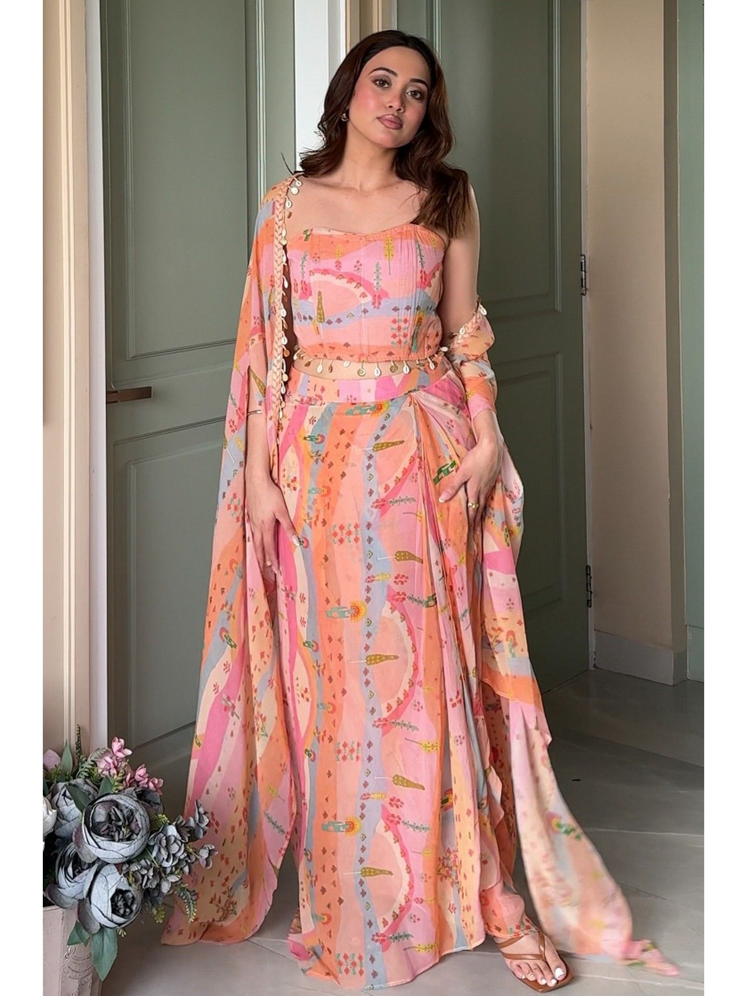 Label Kanupriya Peach Corset with Draped Skirt and Jacket