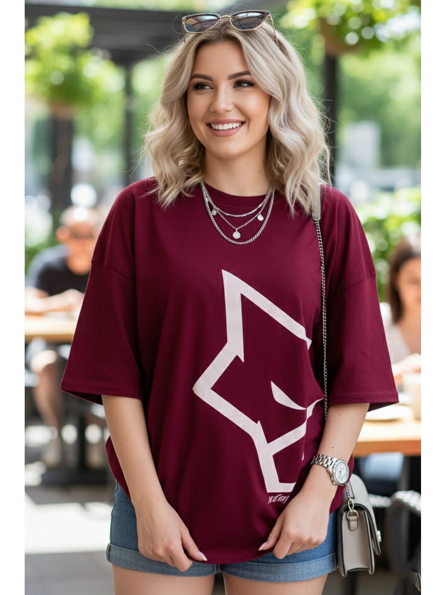 LEOTUDE Cotton Blend Printed Oversized Crew Neck Maroon T-Shirts