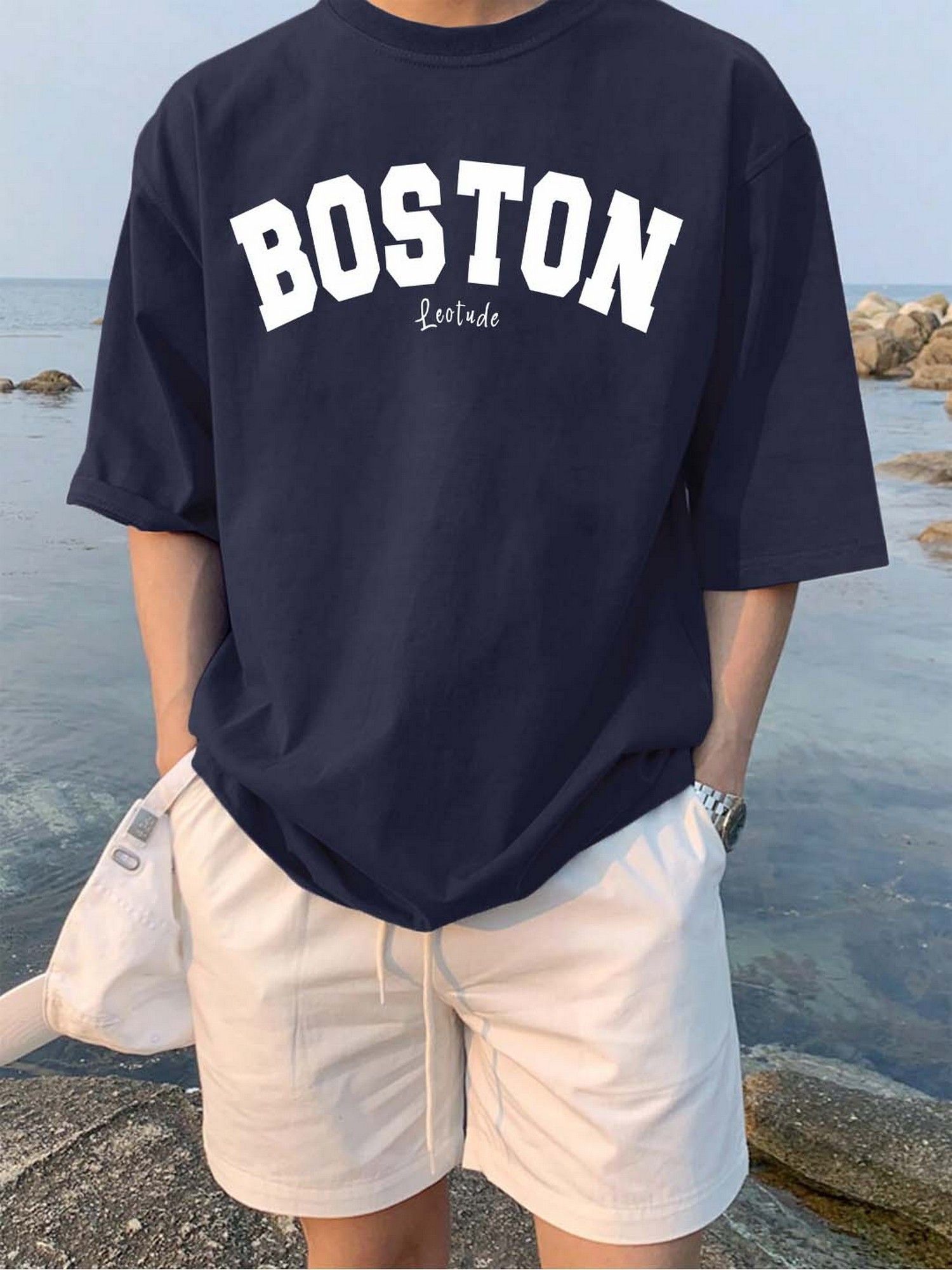 LEOTUDE Printed Men's Navy Blue Cotton Blend T-Shirt