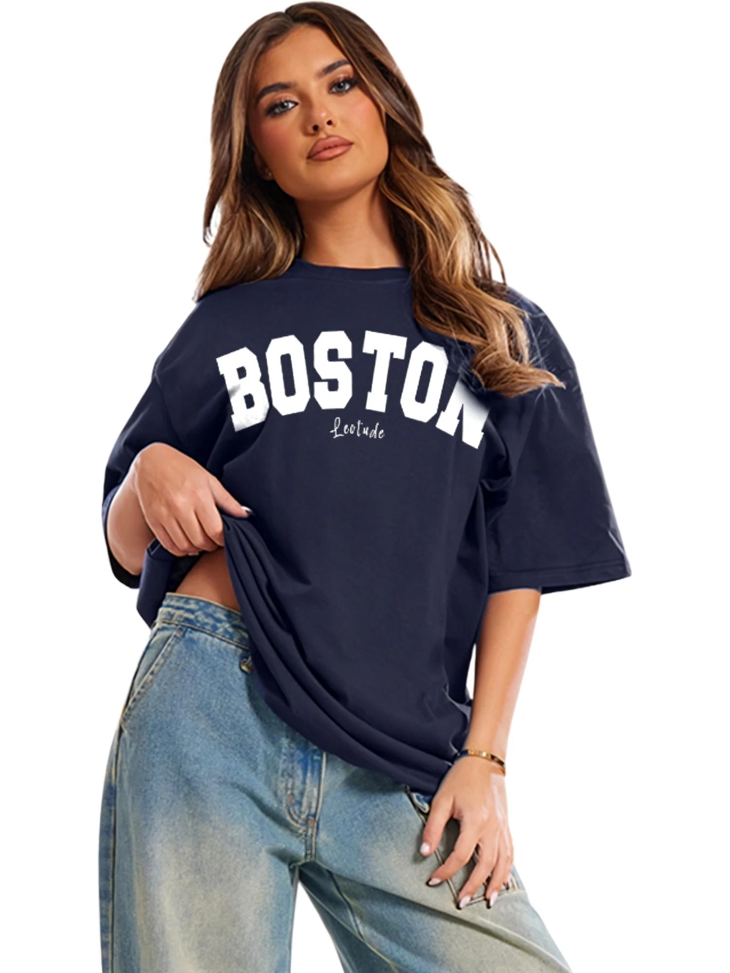 LEOTUDE Printed Womens Round Neck Navy Blue T-Shirt