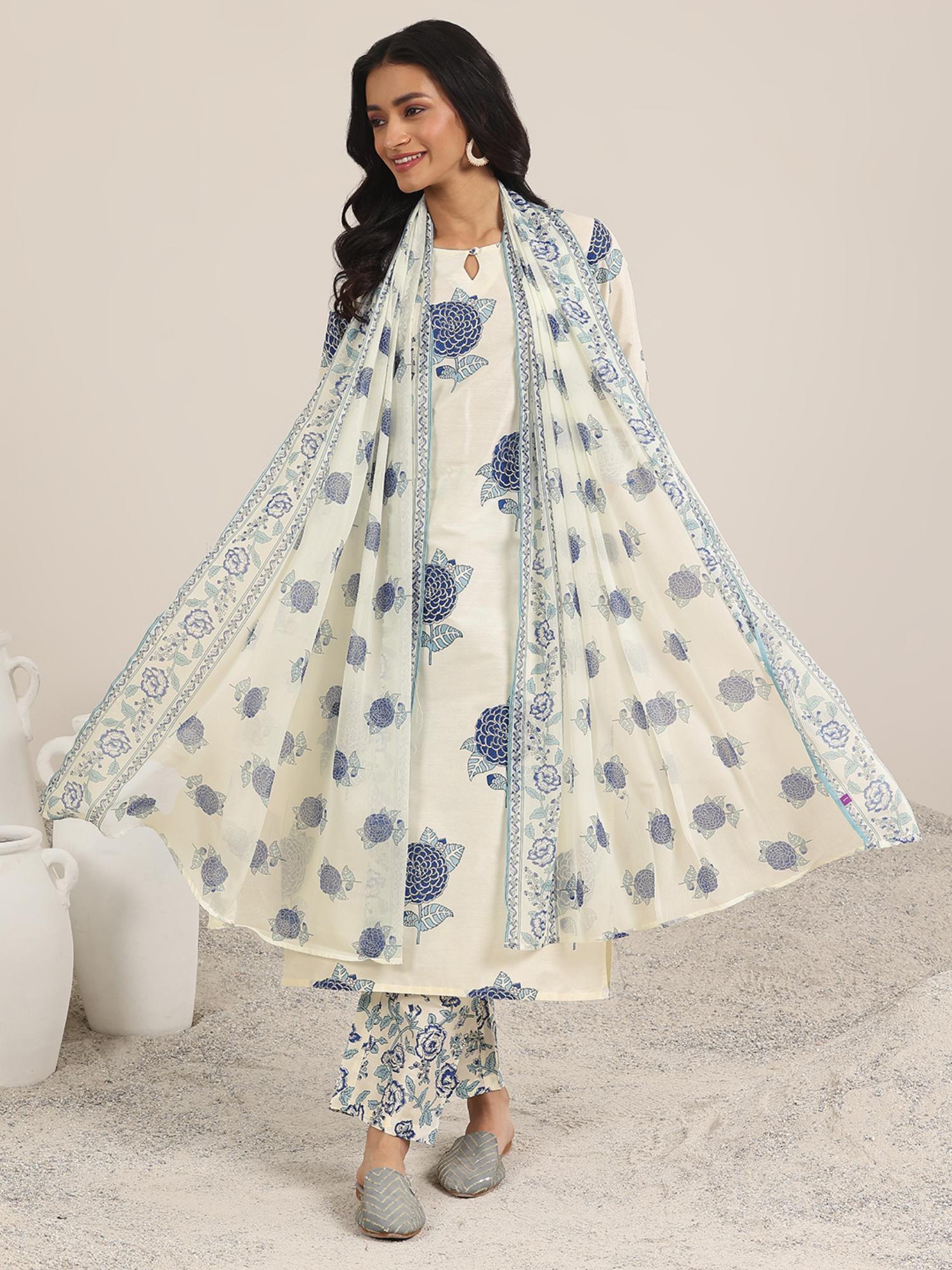 Libas Off White Floral Printed Straight Kurta with Pant & Dupatta