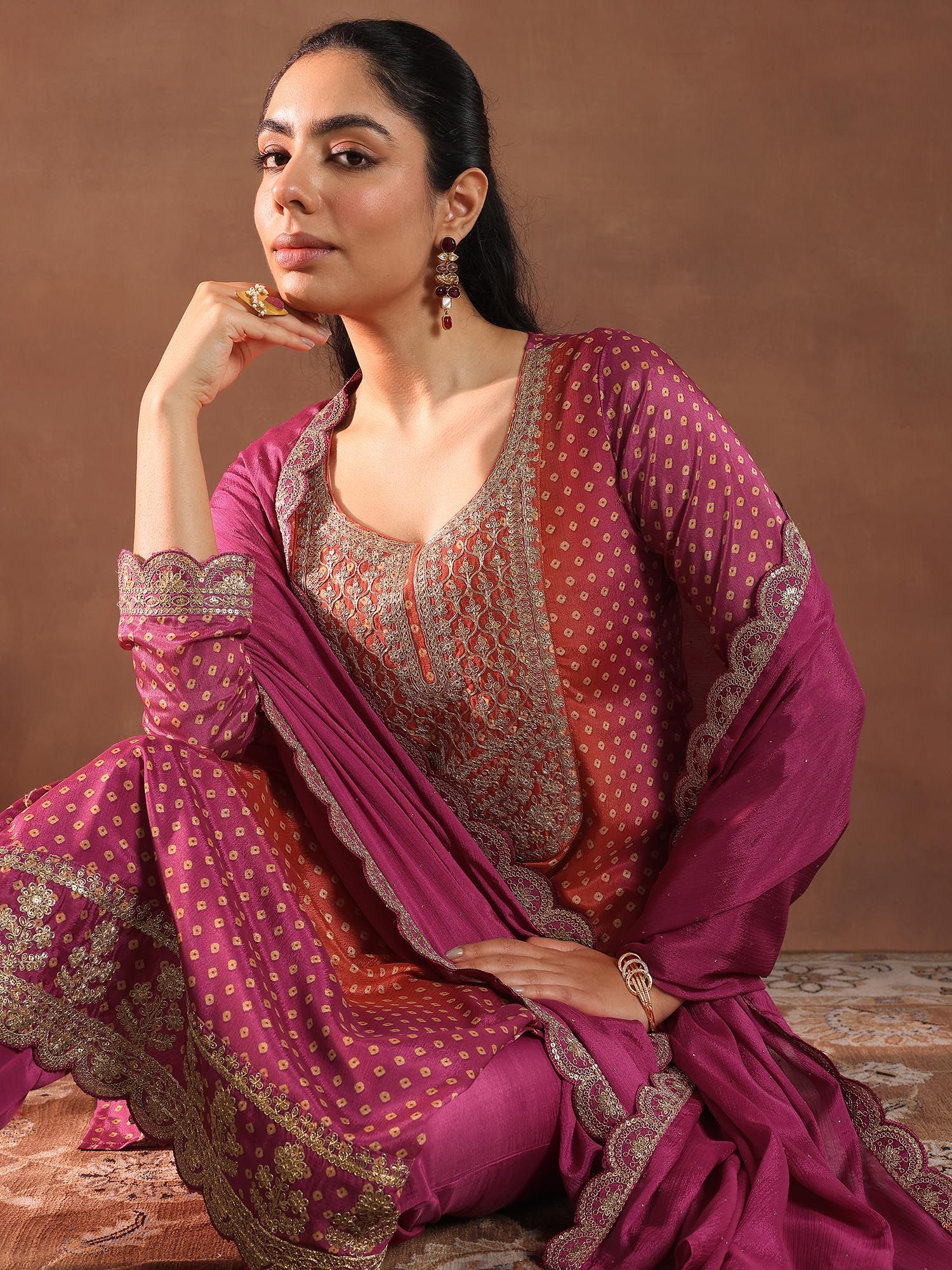 Libas Pink Bandhani Printed Straight Kurta with Pant & Dupatta (Set of 3)