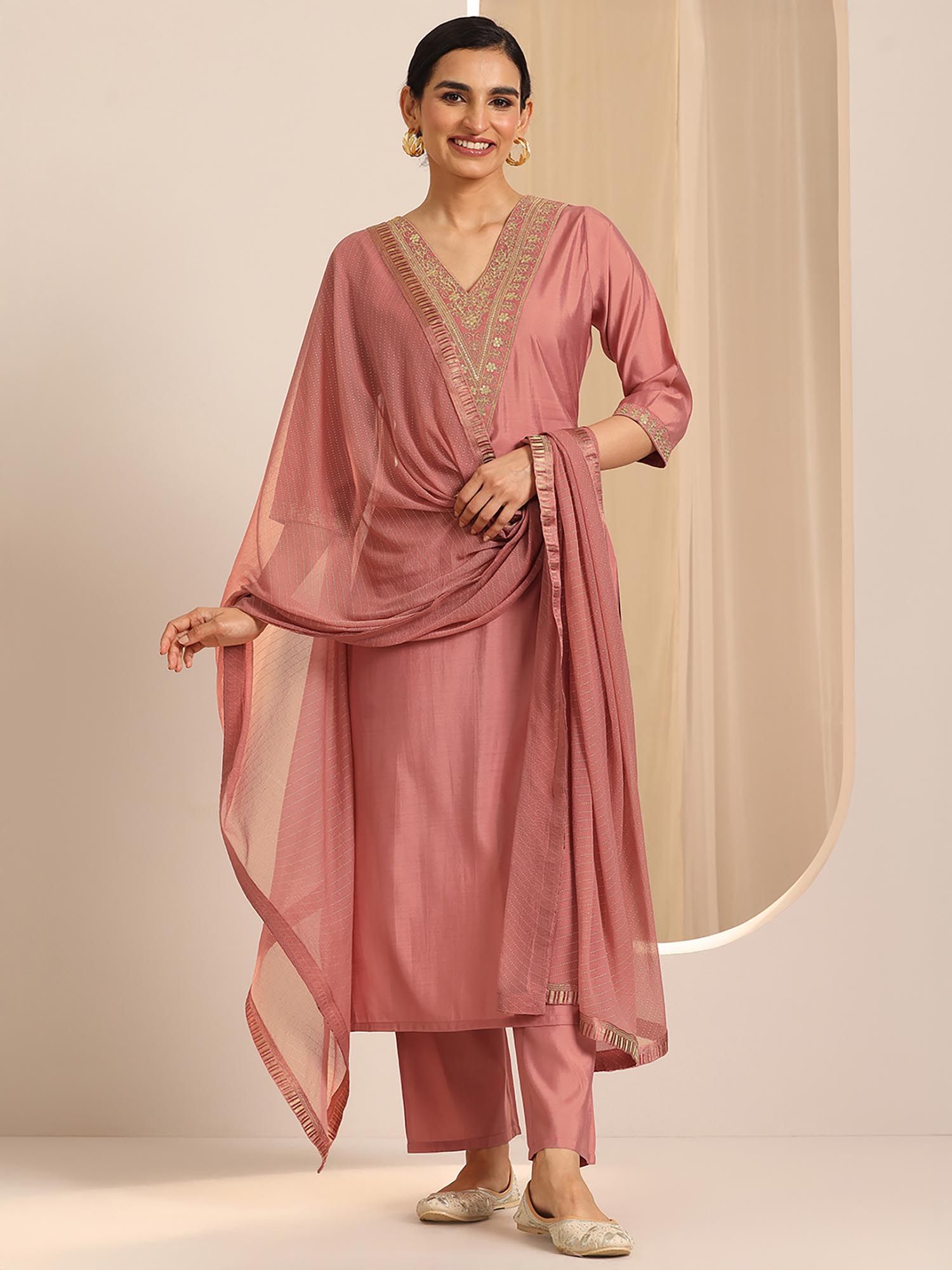 Libas Pink Yoke Design Kurta with Pant & Dupatta (Set of 3)
