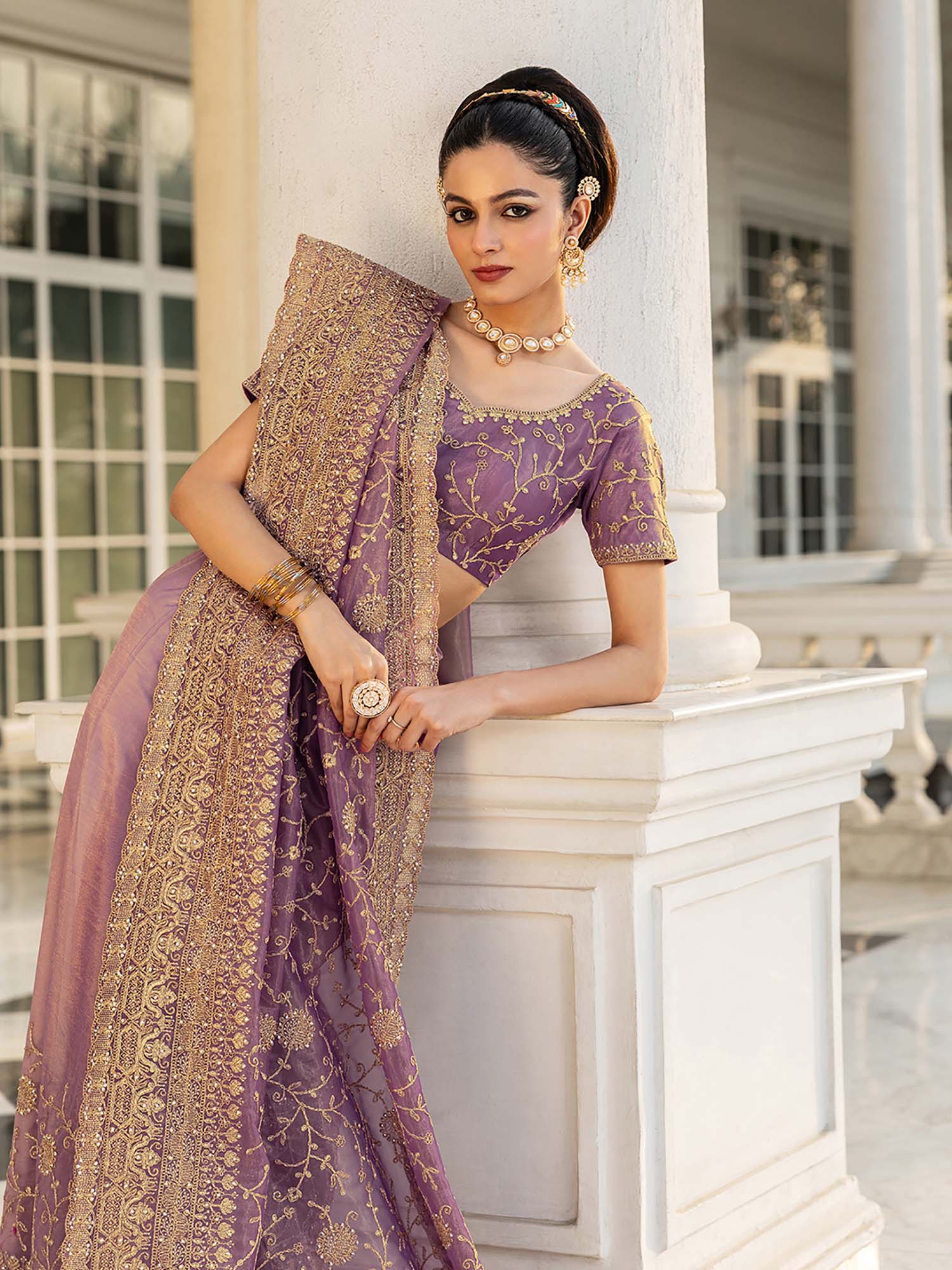 Libas Womens Mauve Embroidered Net Saree with Unstitched Blouse