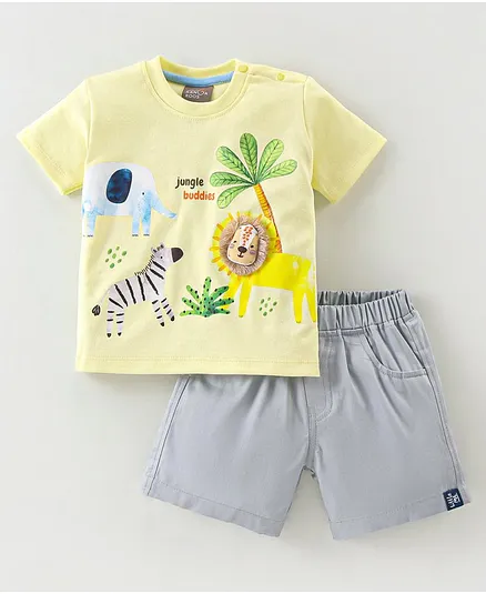 Little Kangaroos Cotton Woven Half Sleeves T-Shirt & Shorts Set with Animal Print & Applique - Lemon