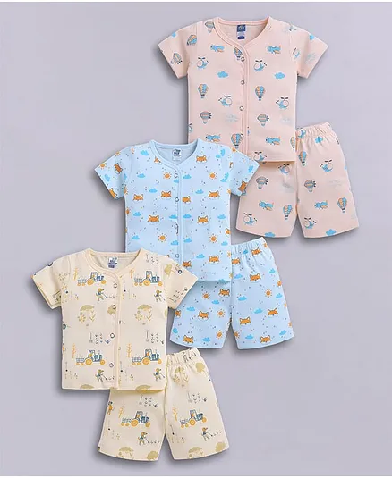 Little Ninja Cotton Knit Pack Of 3 Half Sleeves Animals & Flight Theme Printed Coordinating Tees & Shorts Night Suit - Multi Colour