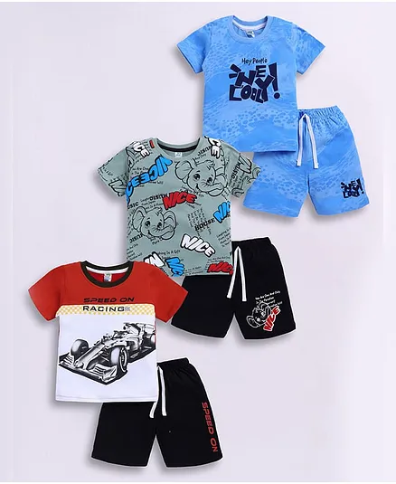 Little Ninja Cotton Knit Pack Of 3 Half Sleeves Car & Typography Printed Tees & Shorts Set - Multi Colour