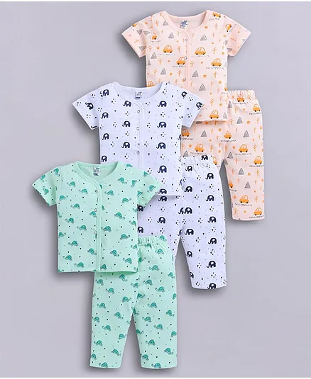 Little Ninja Cotton Knit Pack Of 3 Half Sleeves Elephant & Cars  Printed Coordinating Tees & Pajamas Night Suit - Multi Colour