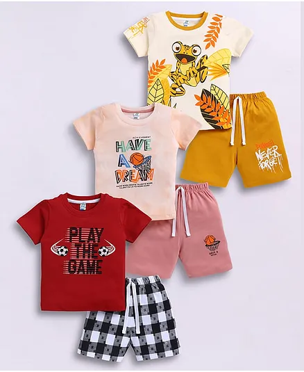 Little Ninja Cotton Knit Pack Of 3 Half Sleeves Frog & Typography Printed Tees & Shorts Set - Multi Colour