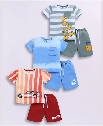 Little Ninja Cotton Knit Pack Of 3 Half Sleeves Striped & Car Printed Tees & Shorts Set - Multi Colour