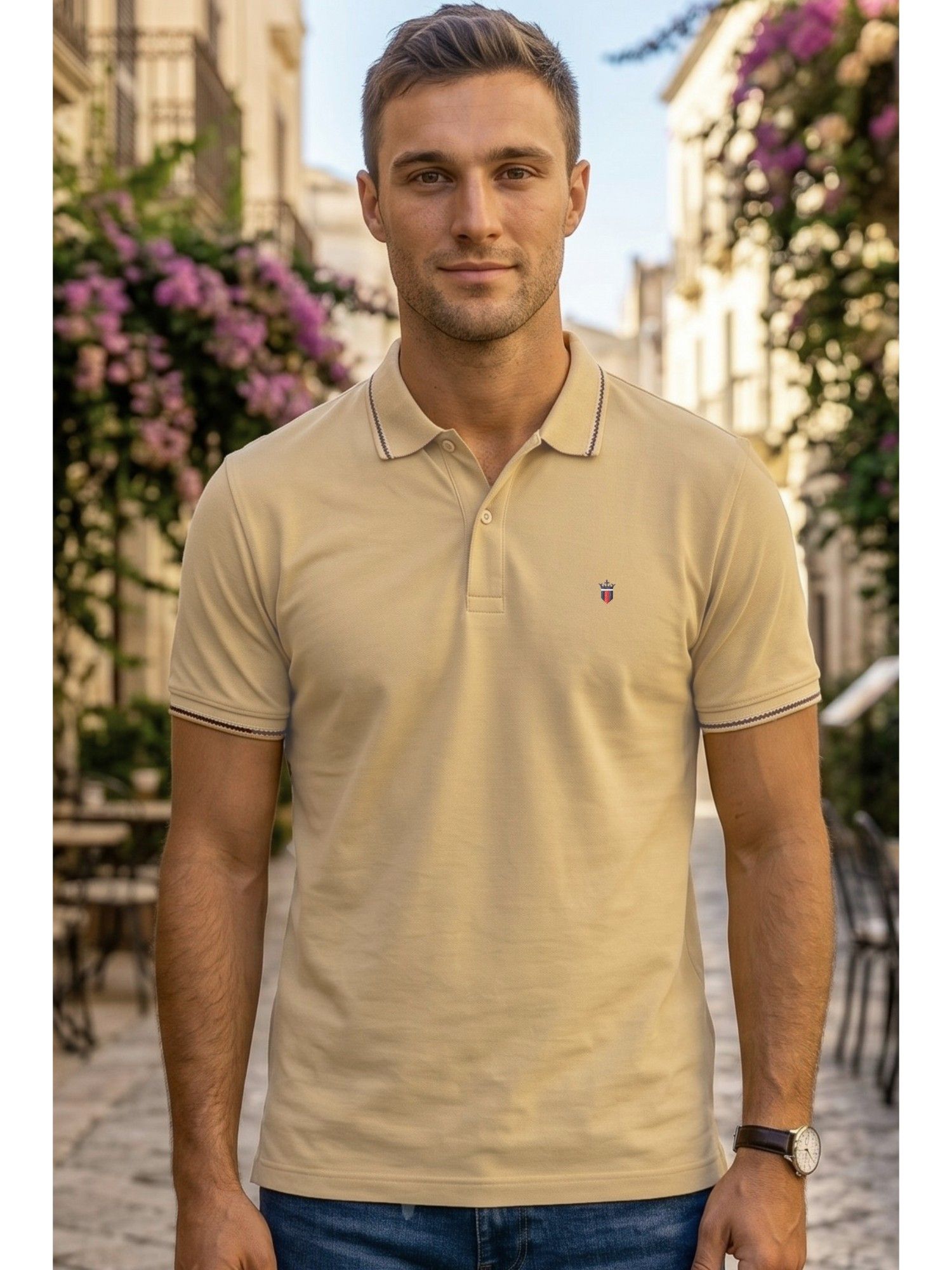 Louis Philippe Men's Beige Polo T-Shirt with Collar Tipping and Branding on Sleeve