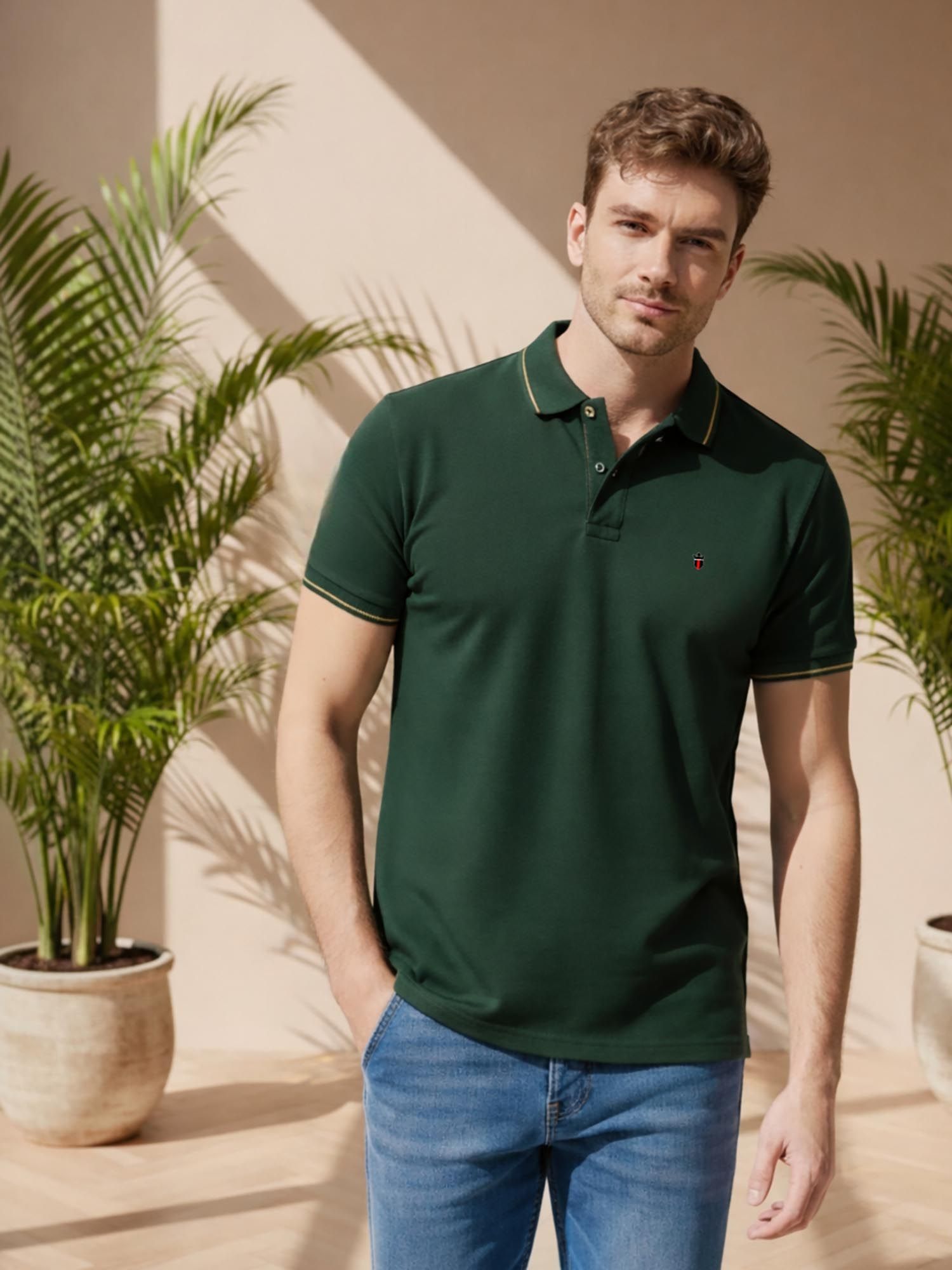 Louis Philippe Men's Dk. Green Polo T-Shirt with Collar Tipping and Branding on Sleeve