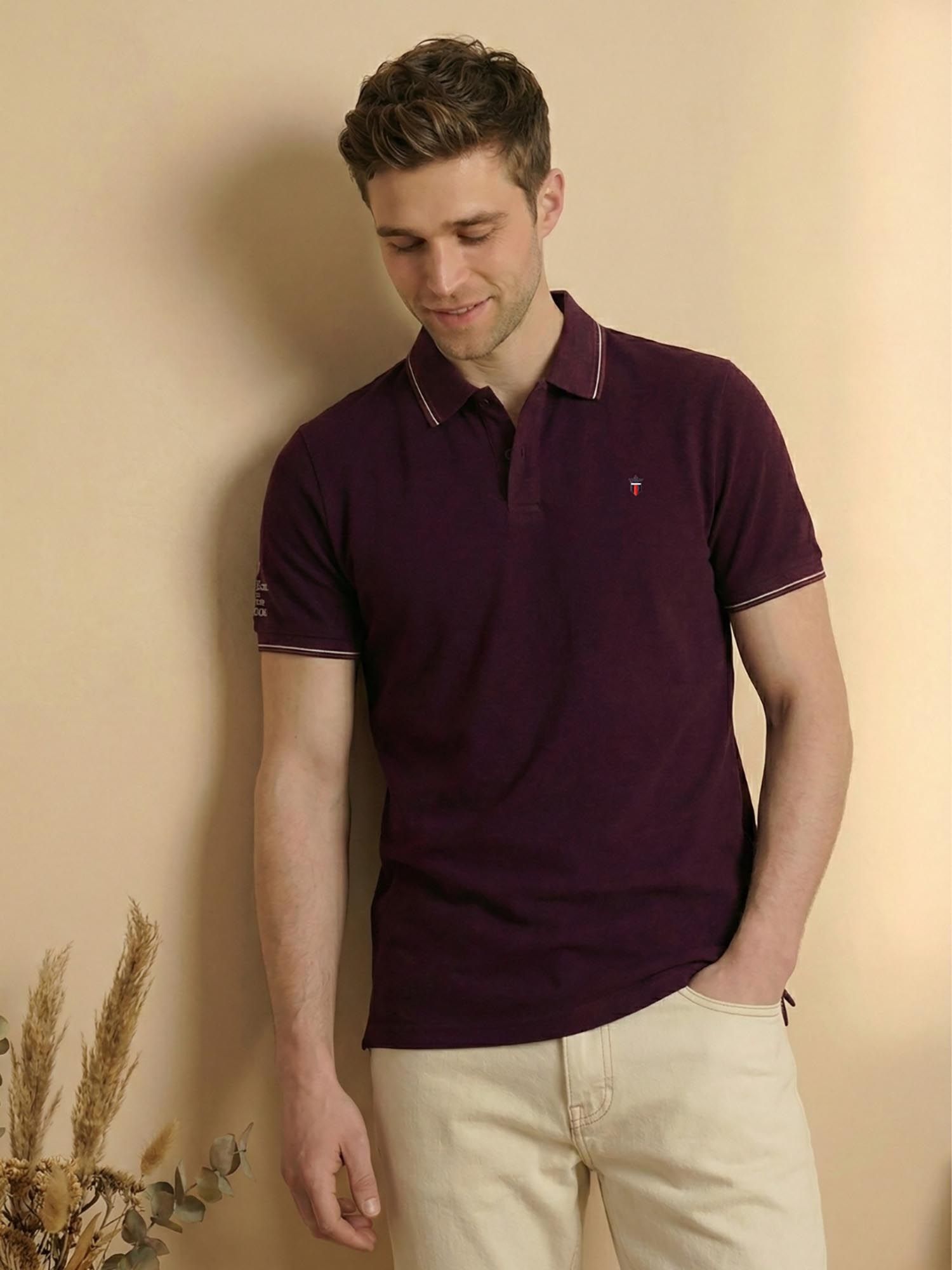 Louis Philippe Men's Maroon Polo T-Shirt with Collar Tipping and Branding on Sleeve