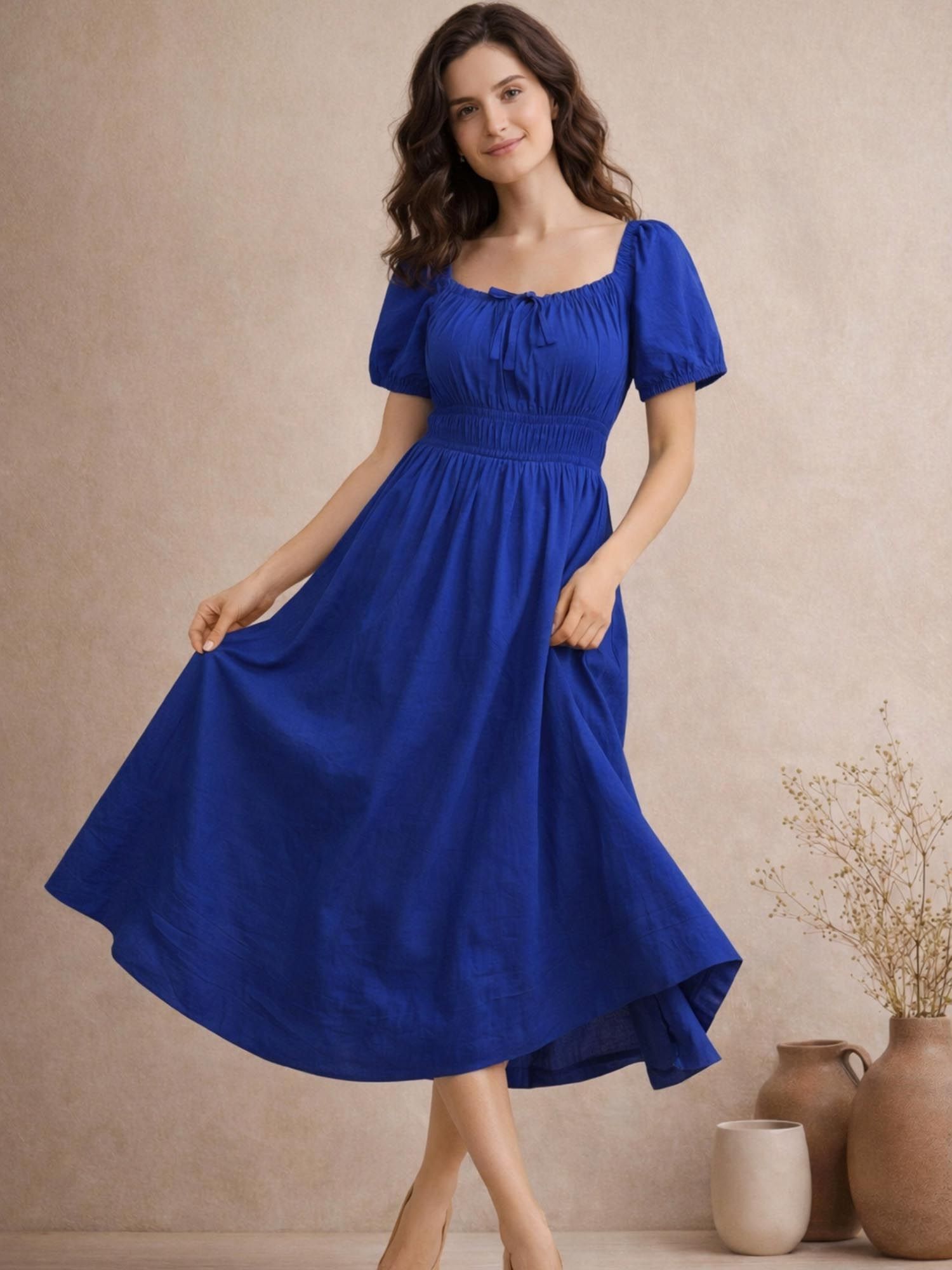 Lounge Dreams Blue Pure Cotton Dress with Gather Details