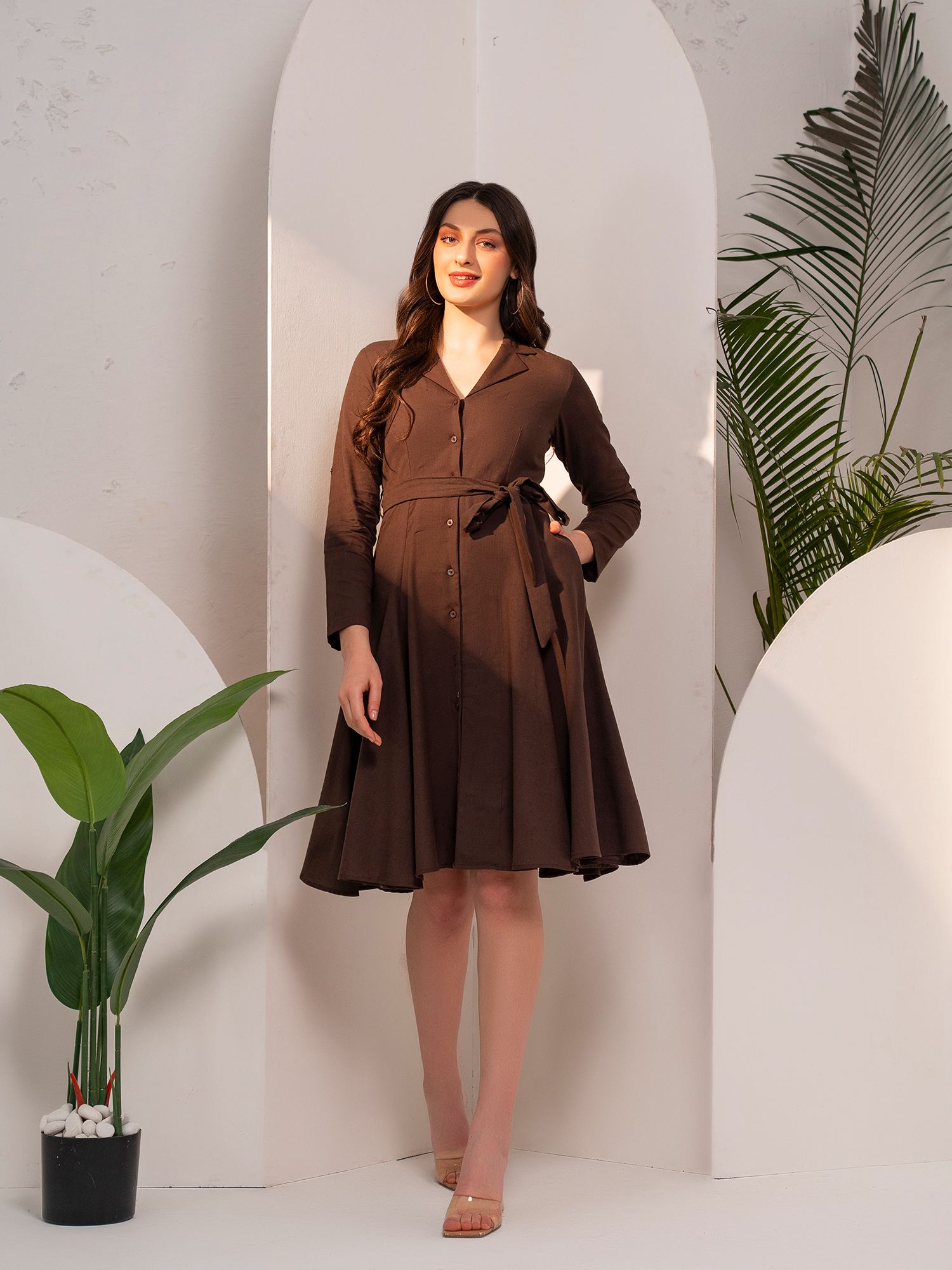 Mabish By Sonal Jain Flared Brown Shirt Dress With Belt