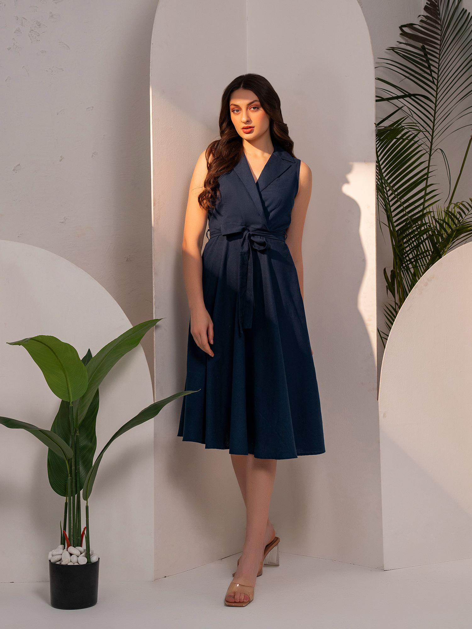 Mabish By Sonal Jain Navy Blue Fit And Flare Dress With Belt