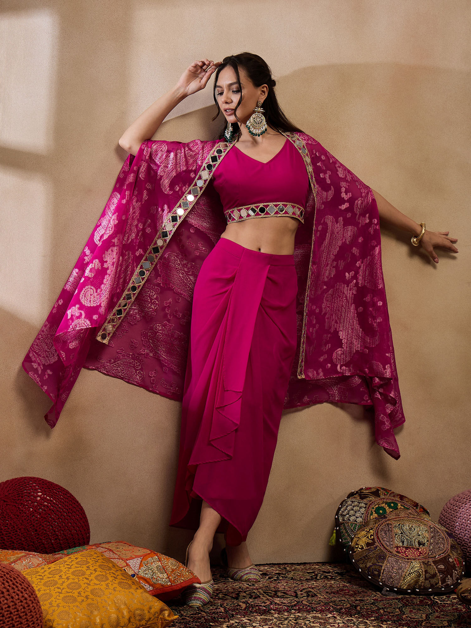 Mabish By Sonal Jain Pink Crop Top with Draped Skirt and Cape (Set of 3)