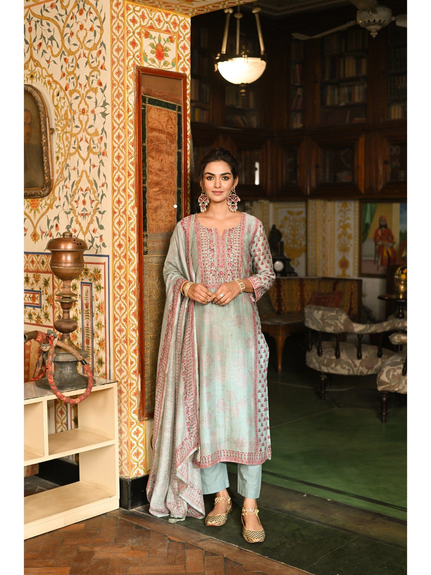 Mahee Jaipur Womens Chanderi Embroidered Blue Kurta with Pant and Dupatta