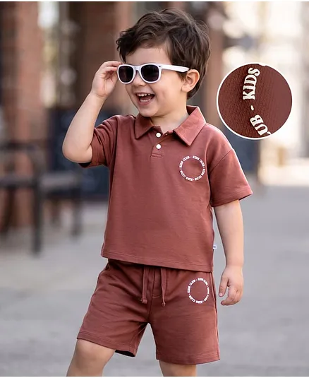 Mark & Mia Cotton Knit Half Sleeves Oversized Polo T-Shirt & Shorts Set with Text Print - Brown
