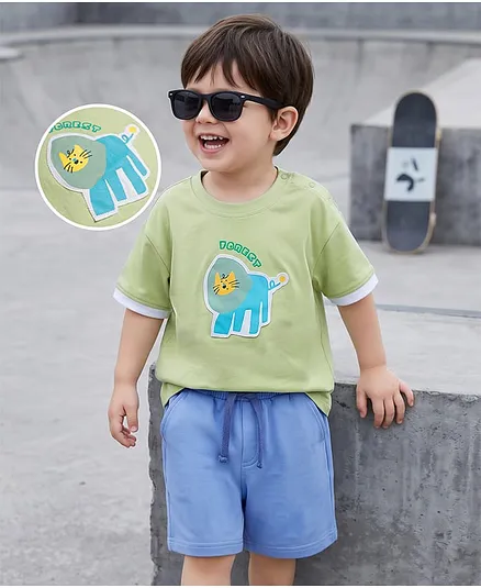 Mark & Mia Cotton Knit Half Sleeves Oversized T-Shirt & Shorts Set With Lion Print - Multicolor